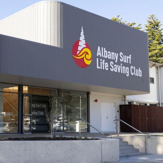 a building with words Albany Surf Life Saving Club written on the entrance