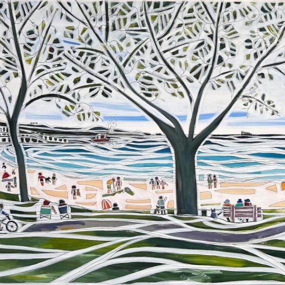 an artwork featuring a seaside sceen with trees, beach, water and people.