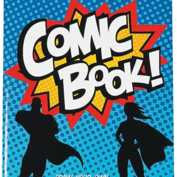 a comic book style words saying creae your own comic book with two superhero characters in silhouette