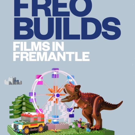 Freo Builds 2025 promotional artwork featuring a scene from Jurassic Park in LEGO(R), showing a dinosaur chasing a truck in front of the iconic Fremantle Ferris wheel ride.