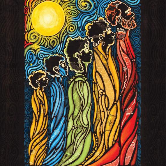 a colourful artwork of people standing next to eachother looking up and each person is incrementally larger 