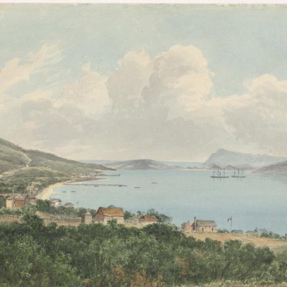 a painting depicting a landscape of Albany in the 1830s