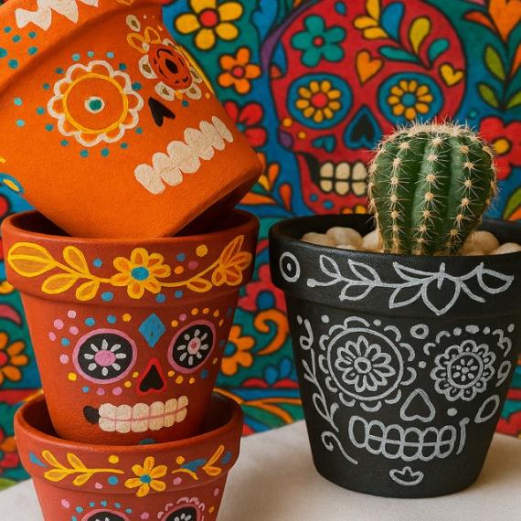 a image of planter pot covered in day of the dead decorations 
