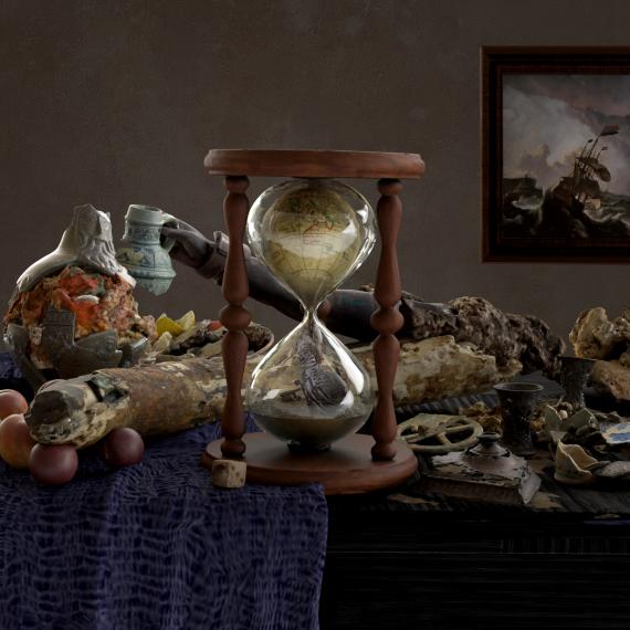 a table with a collection of still life objects from fruit to rocks. hourglass sits in the middle of the table