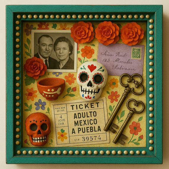 a top view of a keepsake box with mexican culture items inside 