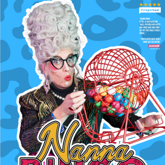 An image of Nanna (drag performer from Nanna Bingo) holding a bingo tumbler wheel with a cheeky and surprised look on her face. Promotional image for Nanna Bingo.