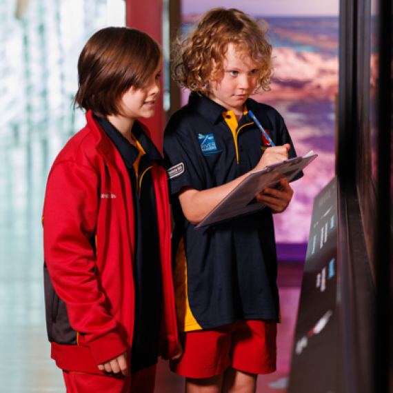 Two students in school uniforms are standing in front of an exhibit display, actively participating in an educational activity. 