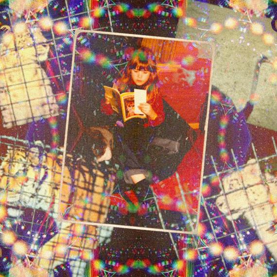 A retro photo of a chiuld reading amongst various edited light effects