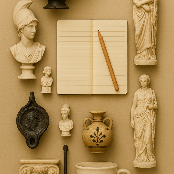 various ancient greece museum type objects with household objects like pencil and papers and house key all seen from a top birds eye view