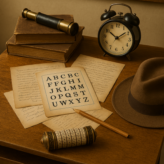 a 1920s school desk with a cryptex puzzle, papers and pencil, a telescope, books, an alarm clock and a hat