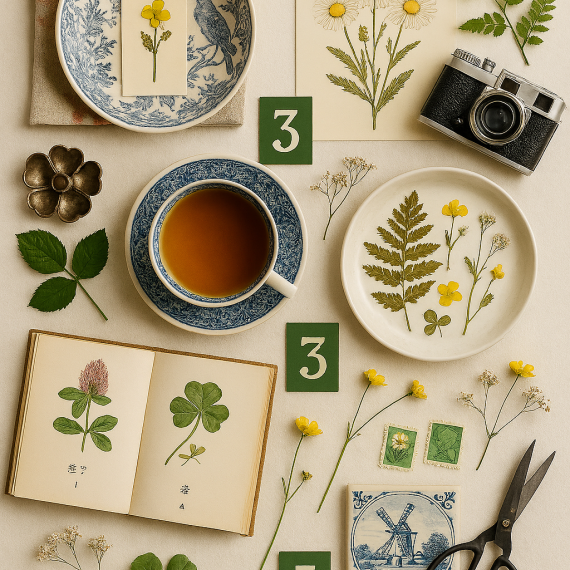 various plant foliage with ceramic pieces thathave decorations reflecting plants and nature. There are other household objects like scissors and a camera with numbers next to objects all seen from a top birds eye view