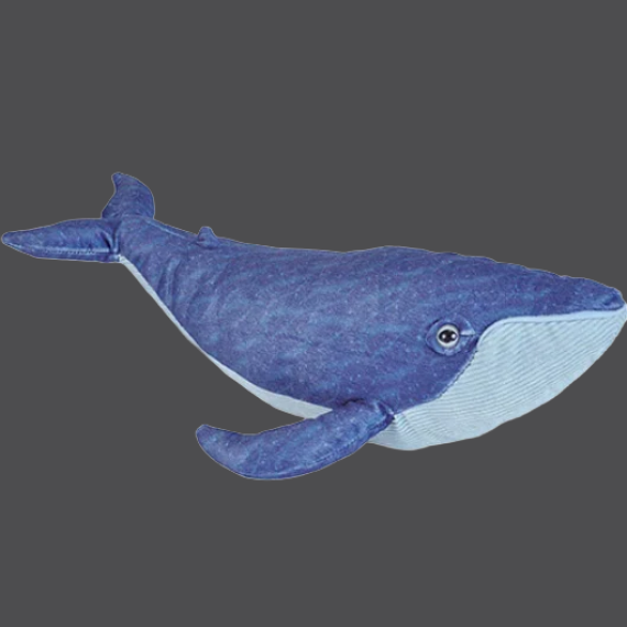 Blue whale plush toy on a grey background