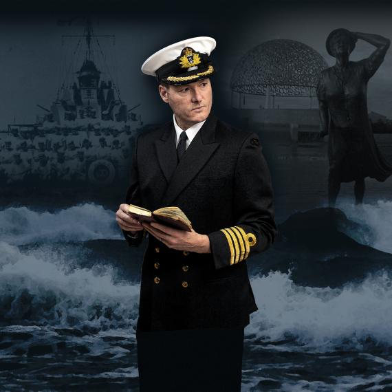 an adult person dressed in a sailor captains outfit and some waves graphics behind them