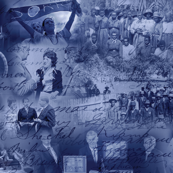 a collage of imagery of people, objects and writing overlay on top