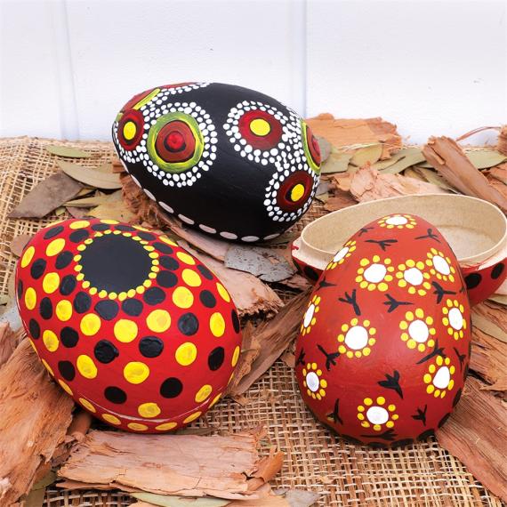 emu eggs decorated in bright colours inspired by indigenous style painting