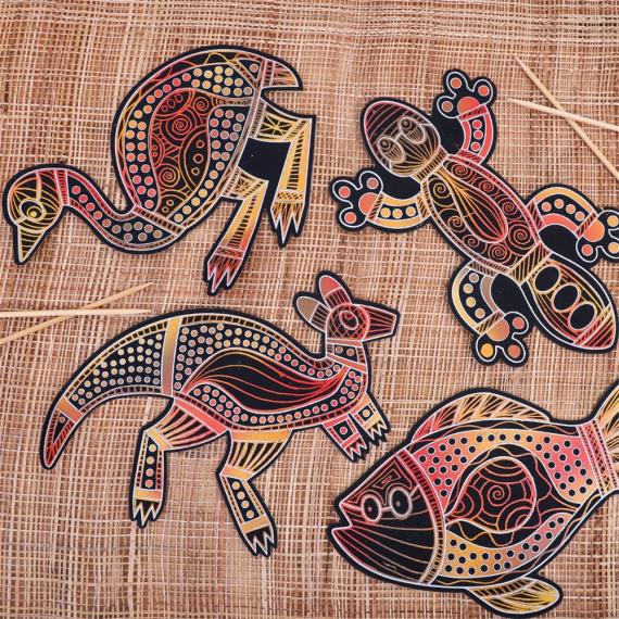 an illustrated image of aboriginal animals and the patterns they make in the night sky from constellations