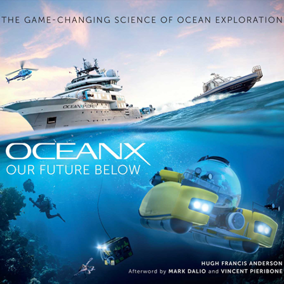 Ocean-themed book cover showing a research ship and helicopter above water, with divers and a yellow submersible exploring the ocean below.