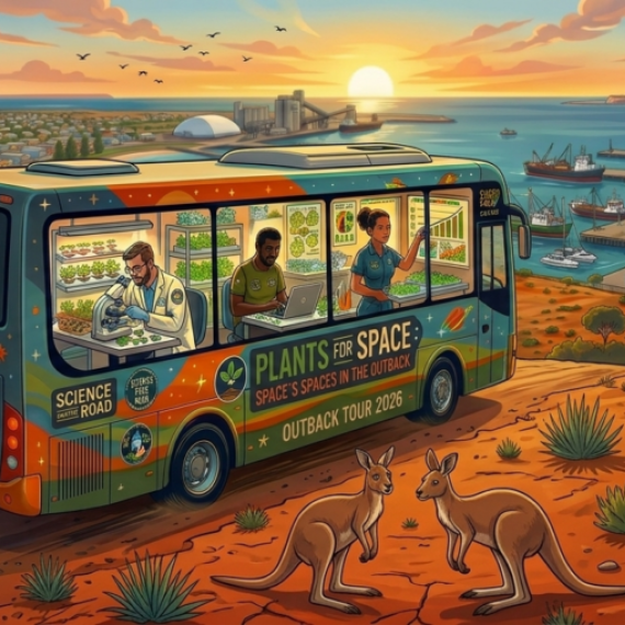an illustrated image of a bus with the words plants for space on the side. it is driving through the outback with some native wildlife and plants 