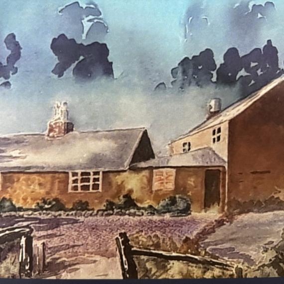 a watercolour painting of a house with sky and a front yard