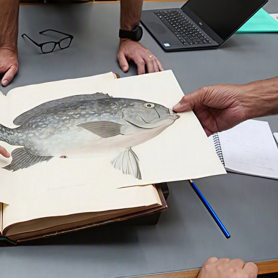 a book with illustrated drawings of fish with hands pointing to the drawings on the page 