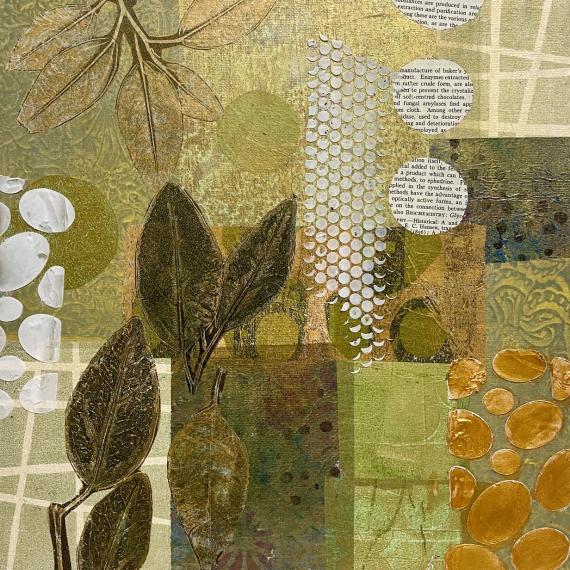 a mixed media layered artwork featureing leaves and other natural objects coloured in tones of greens, yellows and oranges 