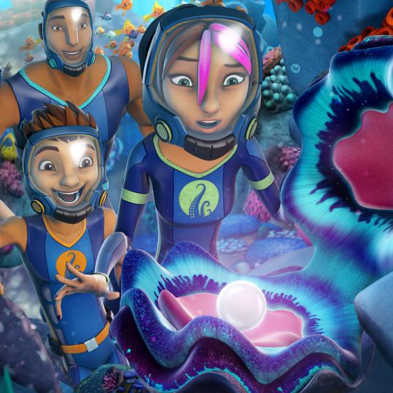 A detail image illustration of the Nekton family discovering a pearl in a clamshell, from a screen still of animated children's adventure The Deep for event screenings of The Deep for Totally Lit 2026 festival. 