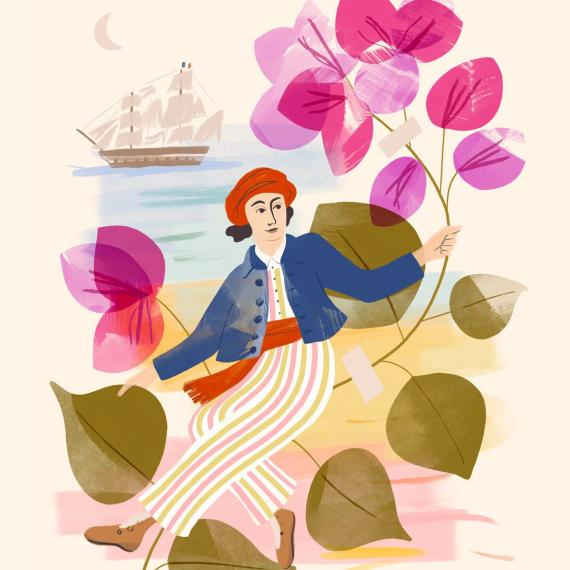 an illustrated image of a female presenting adult dressed in a few sailor outfits with a ship in the background 