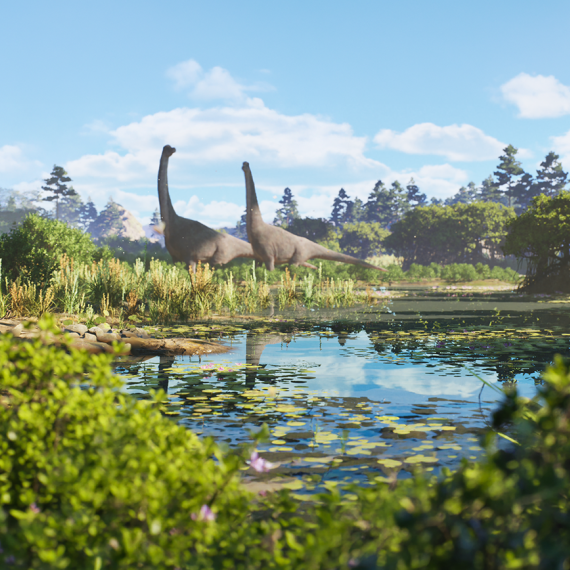 Lush green landscape with dinosaurs in the distance