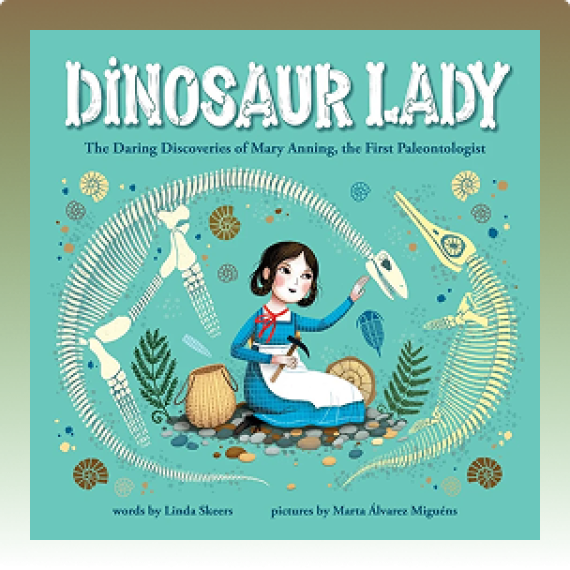 Book cover titled Dinosaur Lady, featuring an illustrated palaeontologist seated among fossils within a dinosaur skeleton outline.