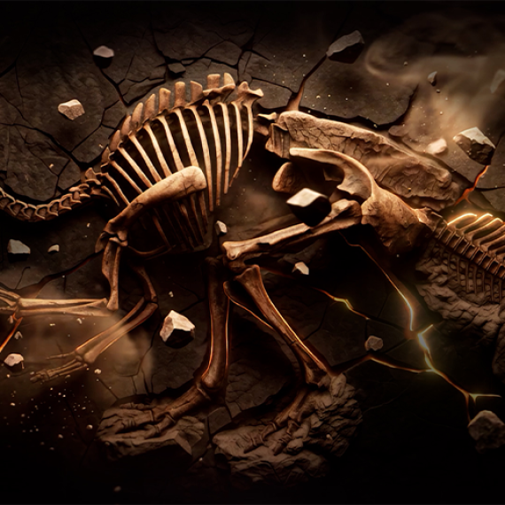 A dynamic rendering of a fossilised dinosaur skeleton
